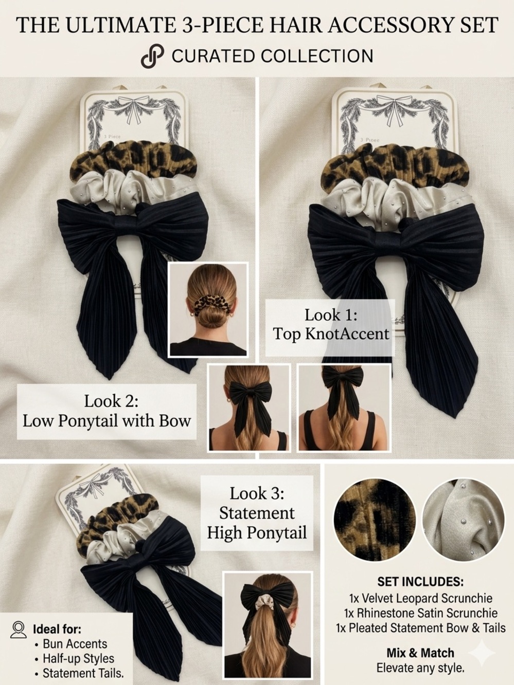 a new day Leopard Velvet, Black Bow & Silver Satin 3-Piece Hair Accessory Set